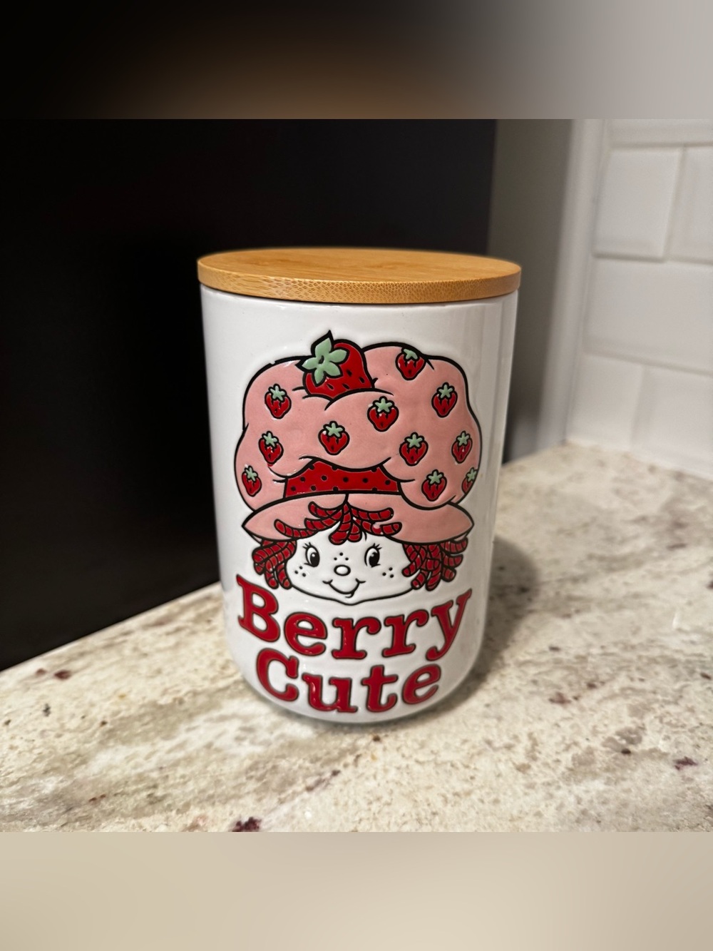 White Ceramic Strawberry Shortcake Canister with Bamboo Lid - Berry Cute